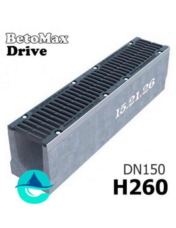 BetoMax Drive ЛВ-15.21.26-Б лоток водоотводный бетонный с решеткой чугунной щелевой ВЧ-50 кл. D